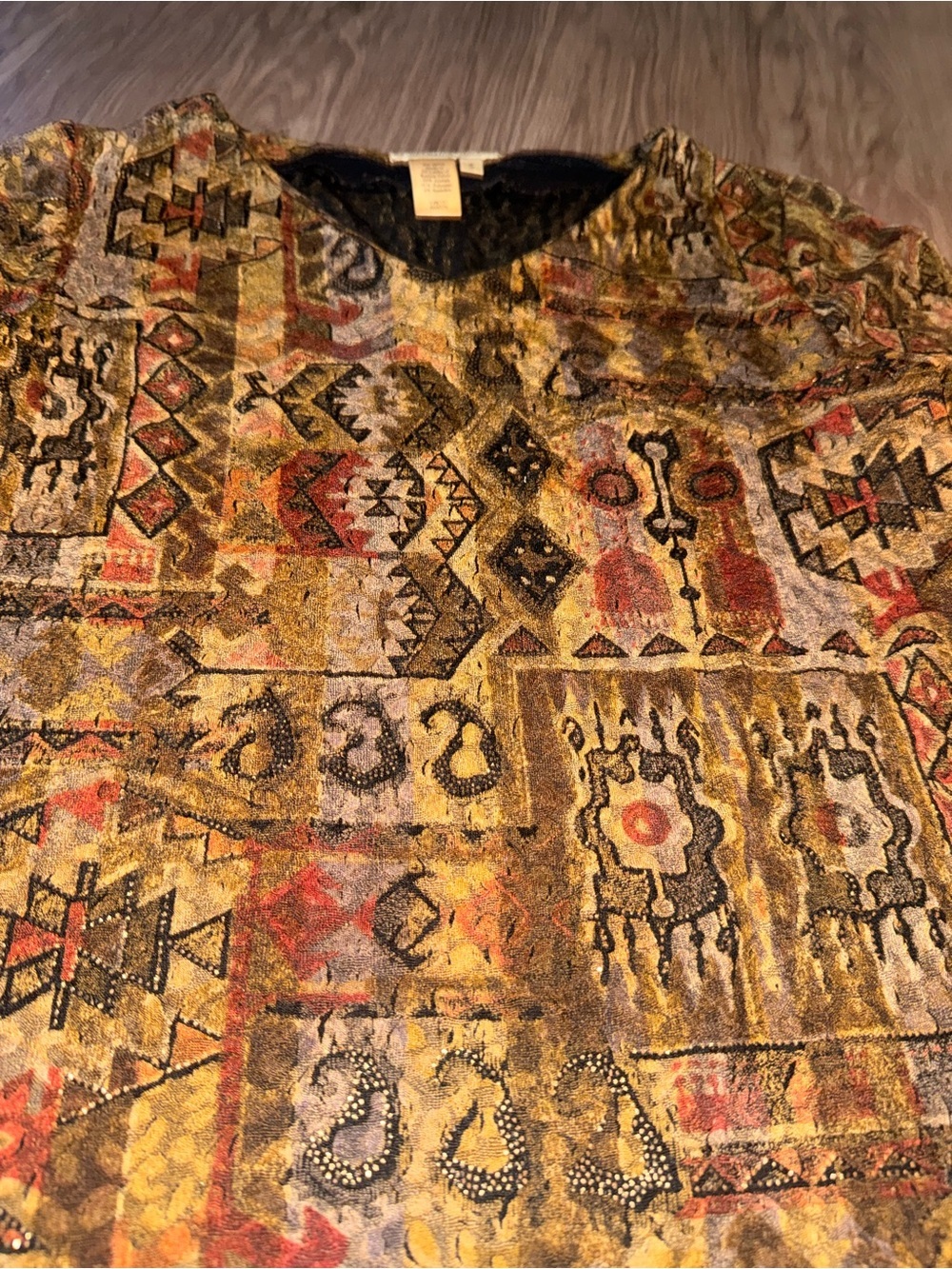 Coldwater Creek Olive Multi Mosaic V-Neck Long Sleeve Top - Picture 3 of 5